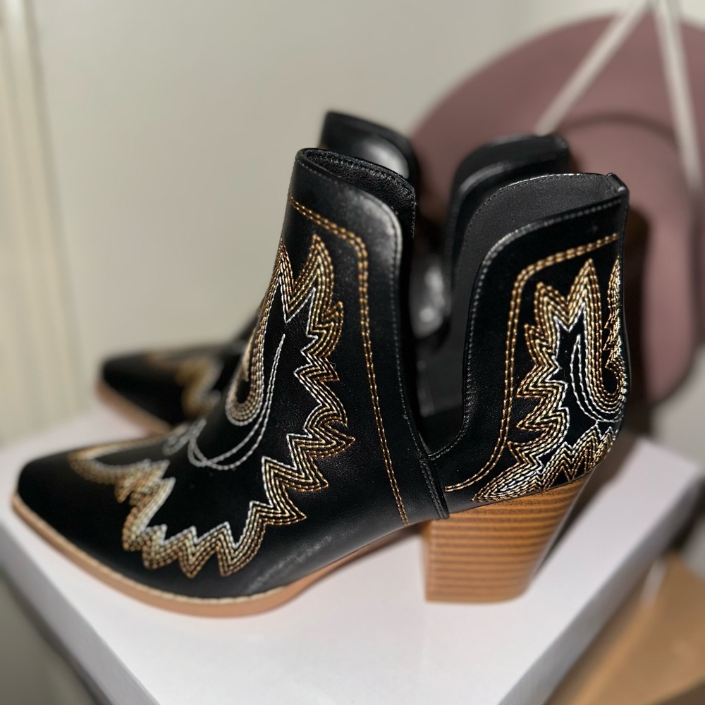 Black and Gold Embroidered Ankle Boots